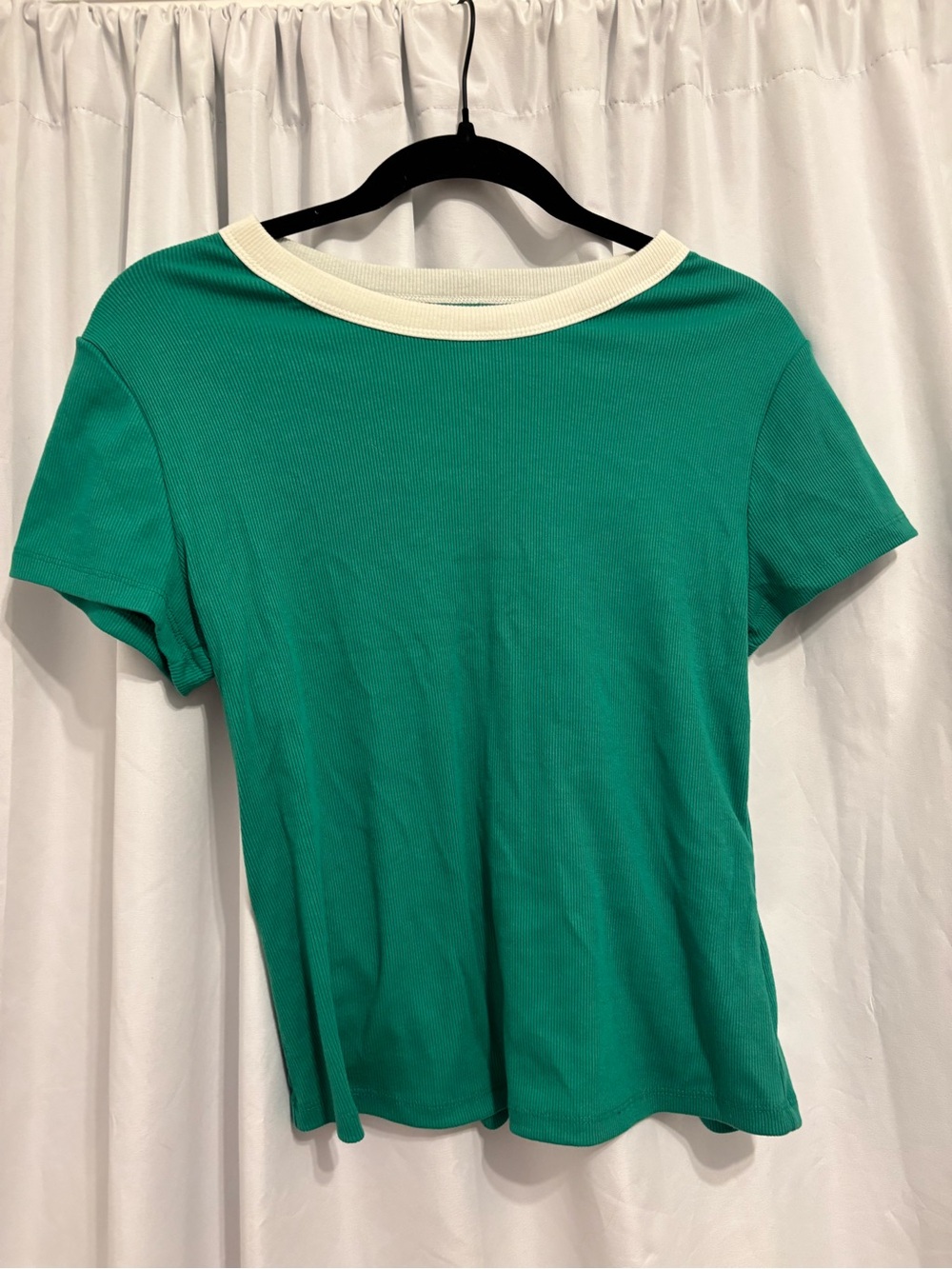 Old Navy  Green Short-Sleeve Ribbed Top with Cream Trim